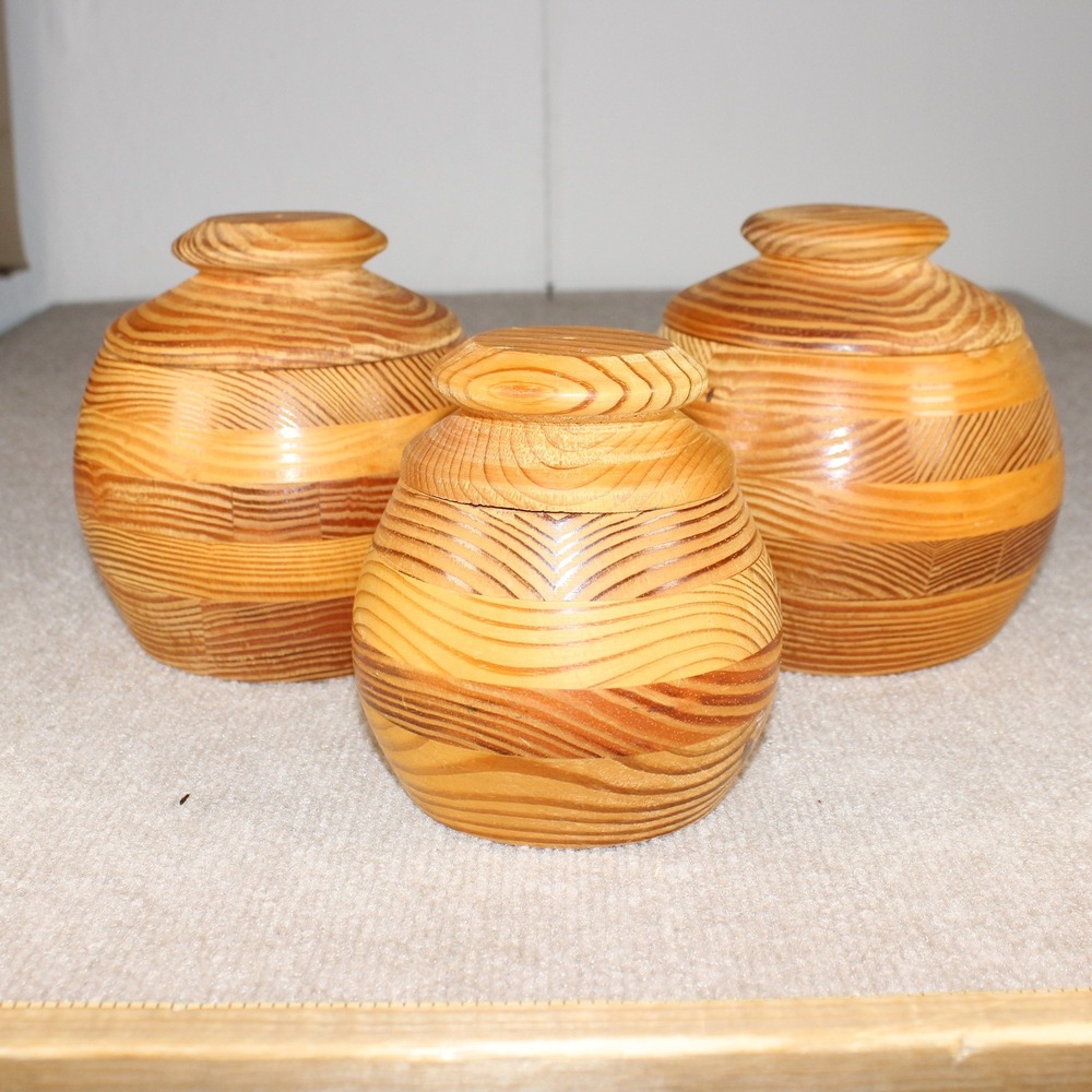 Vintage Segmented Wood Canister Set of 3 Lidded Jars Handcrafted Rustic Decor